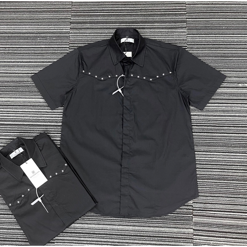 Men's black shirt short sleeve Gvc raw fabric plain tag with simple ...