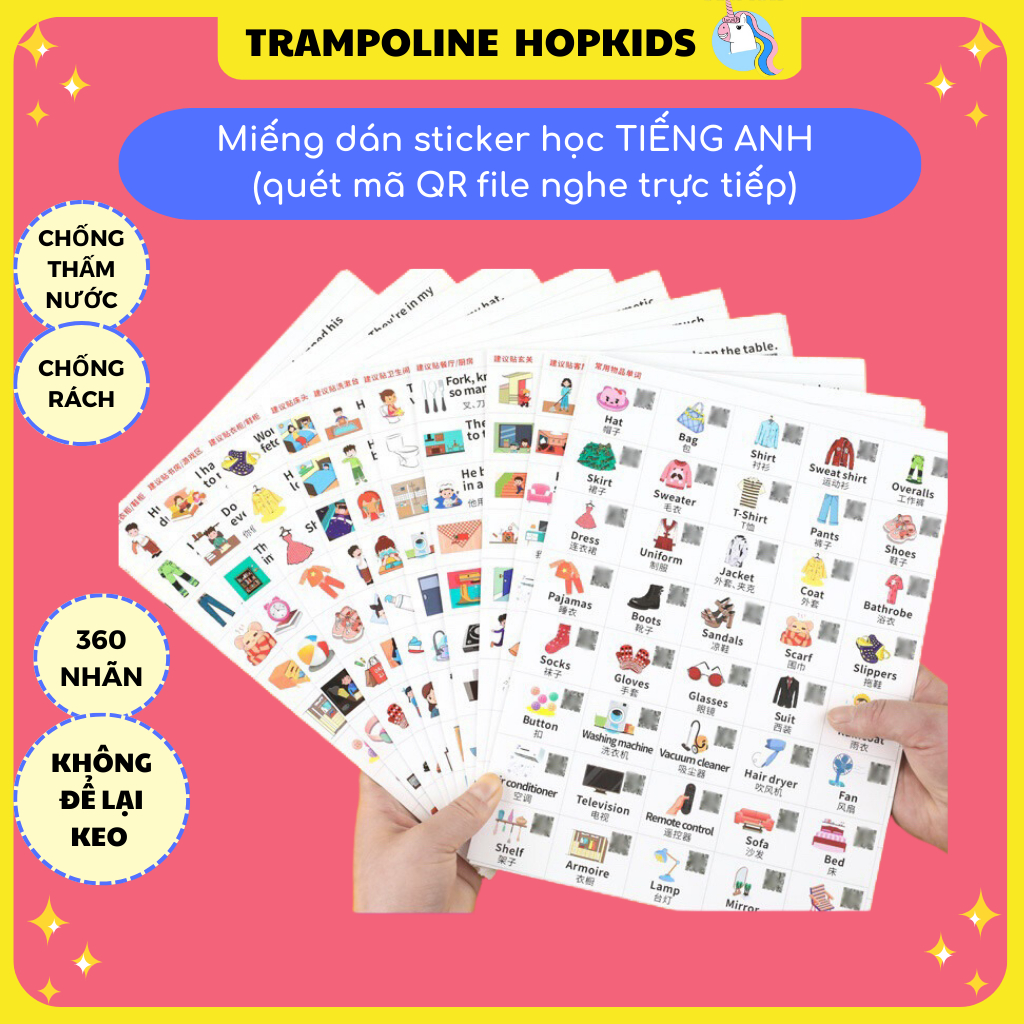 Set of 14 SHEETS 360 waterproof stickers for learning ENGLISH with QR ...