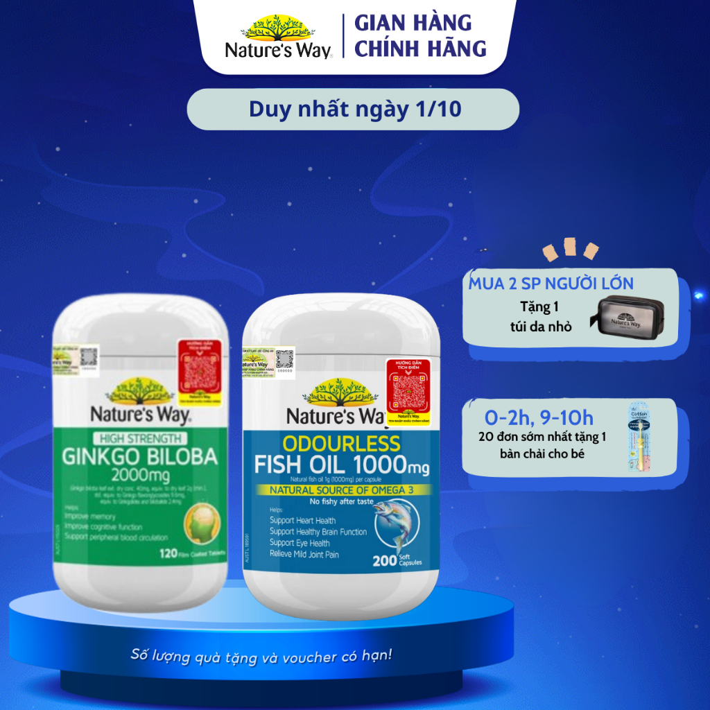 Combo Odourless Fish Oil + Ginkgo Biloba NATURE'S WAY For Adults Improve Cerebral Circulation