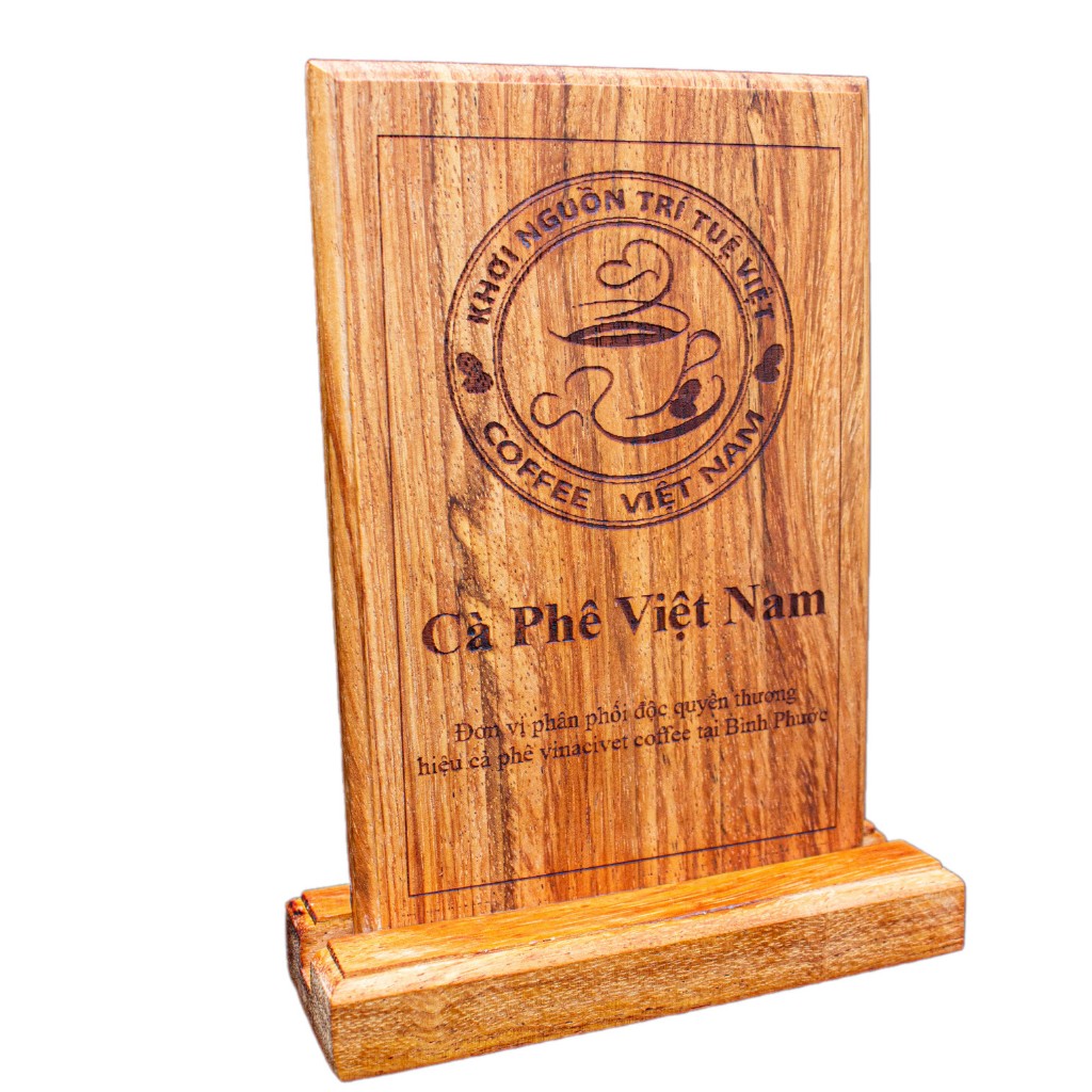 Wooden tabletop Menu with base made from laser-engraved red oak wood ...