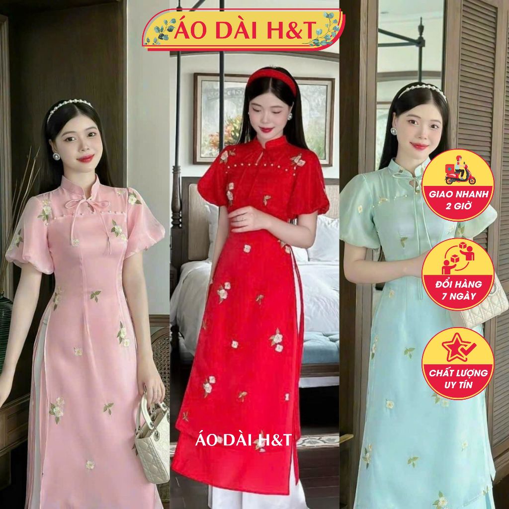 SA Innovative Ao Dai Lady Style Silk Iridescent Silk Flower Embroidery ...