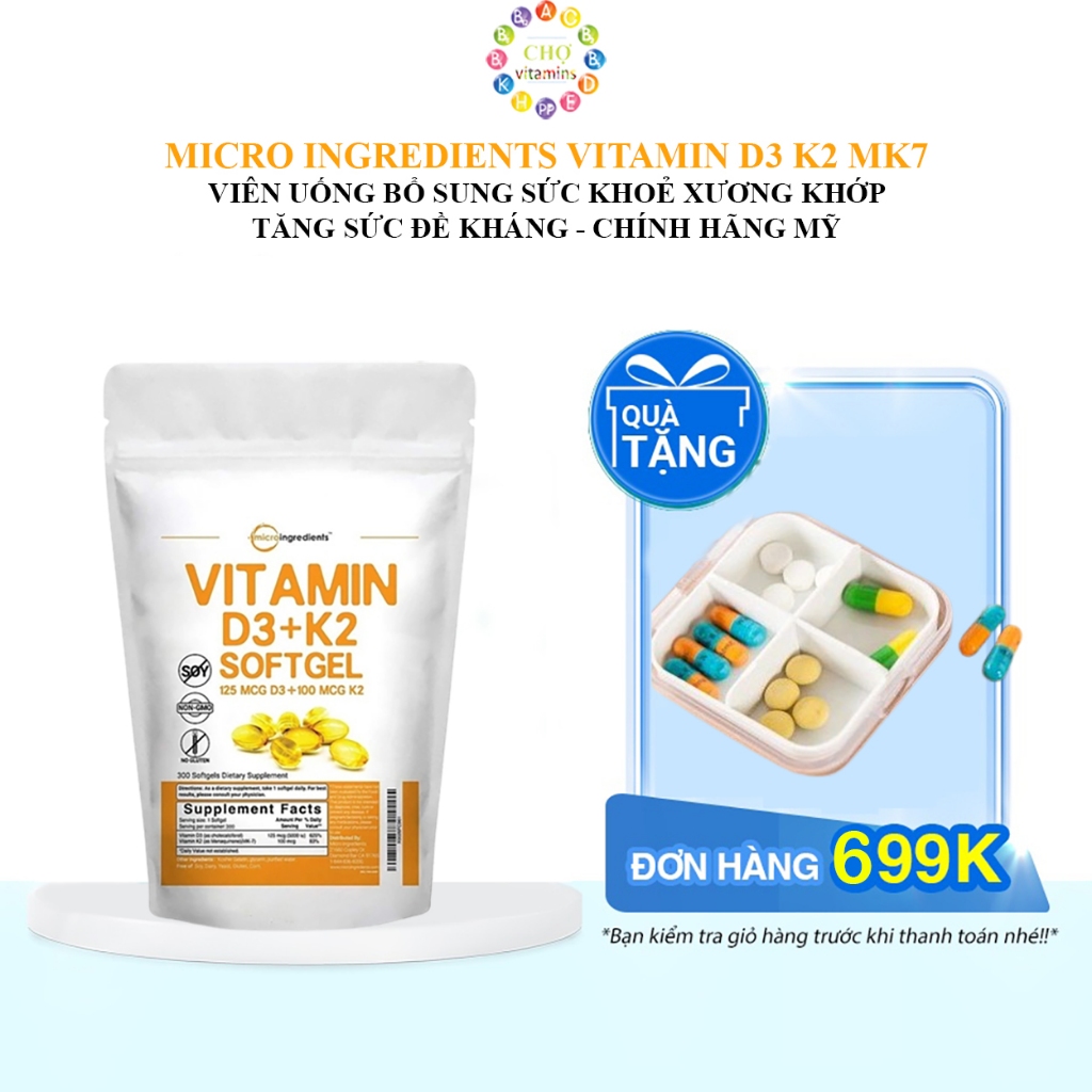 Micro Ingredients Vitamin D3+K2 MK7 300 tablets Bone and Joint