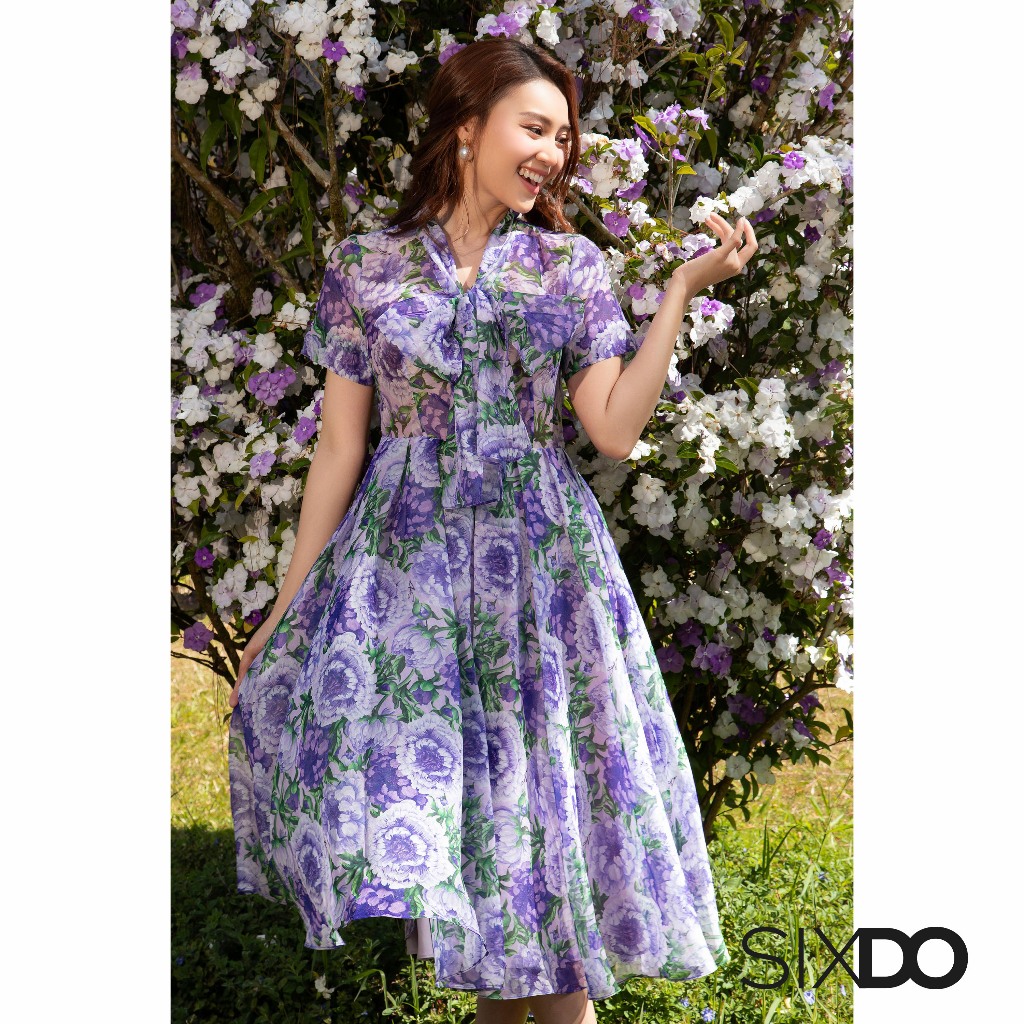 Monochrome Peony Midi Dress with Ruffle Border