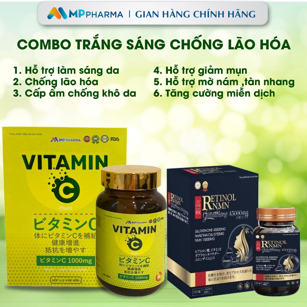 Combo Vitamin C + Glutathione Oral Tablet 45000mg brightens skin, fades