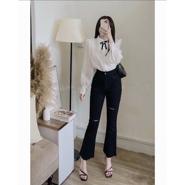 Flare-legged Paper Jeans Ripped on Both Sides of the Thighs, High Waist ...