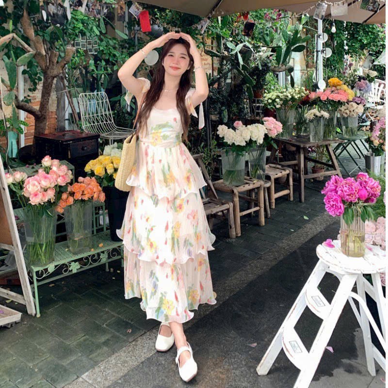 Floral Chiffon Two-String Dress with Flared Maxi Ruffles and Layered ...