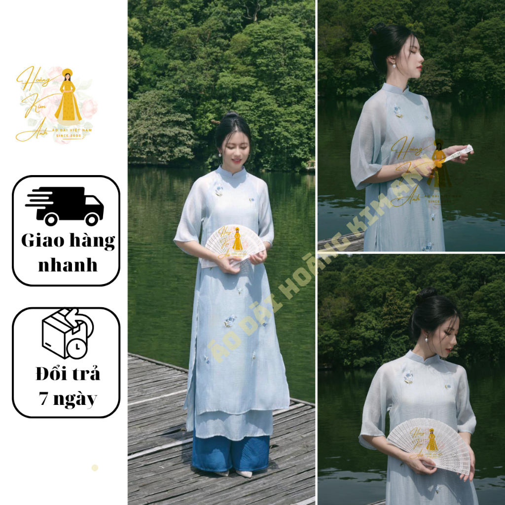Plain Ao Dai 4 Flaps Embroidered Flowers, Elegant Traditional Ao Dai ...
