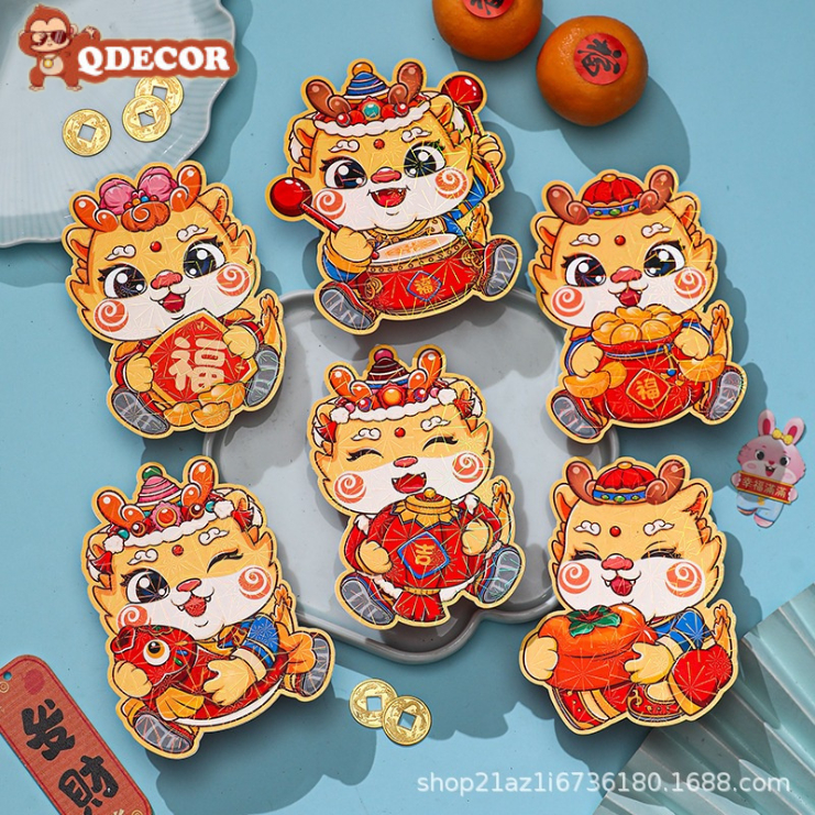 Set Of 6 Red Packets Chibi Dragon Shape 2024 Sparkling 3D Printed Giap