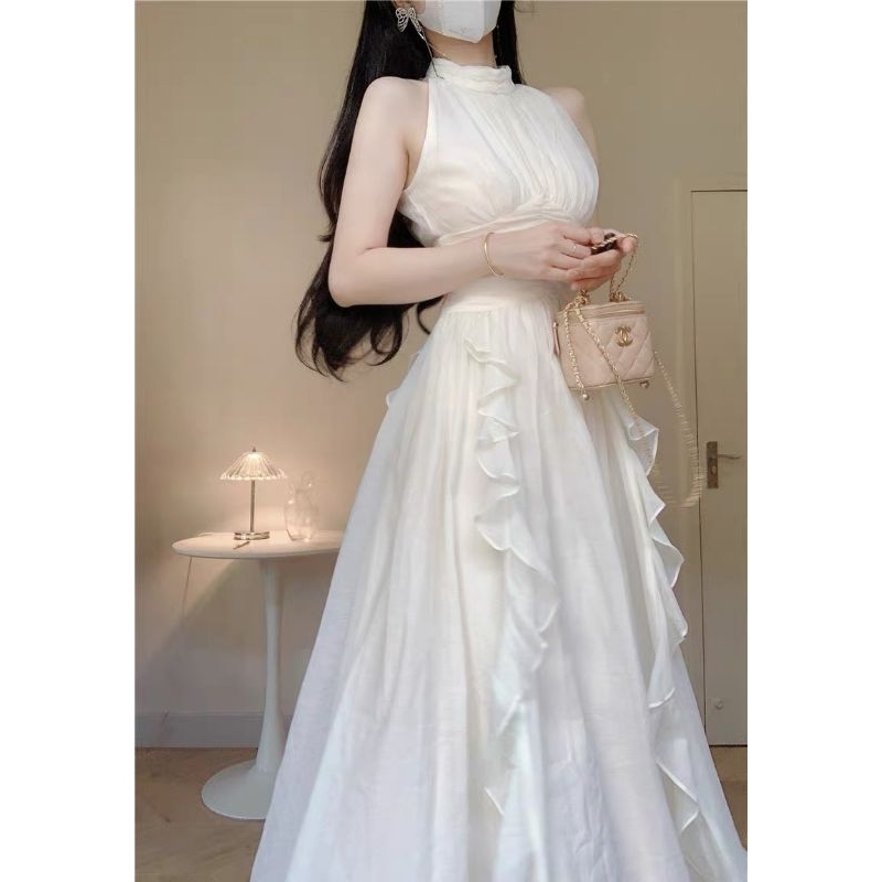 Chiffon dress with halter neck for party, long ruffled chiffon dress in cream  color, elegant style V279[with foam] Elegant Dress Korean Style