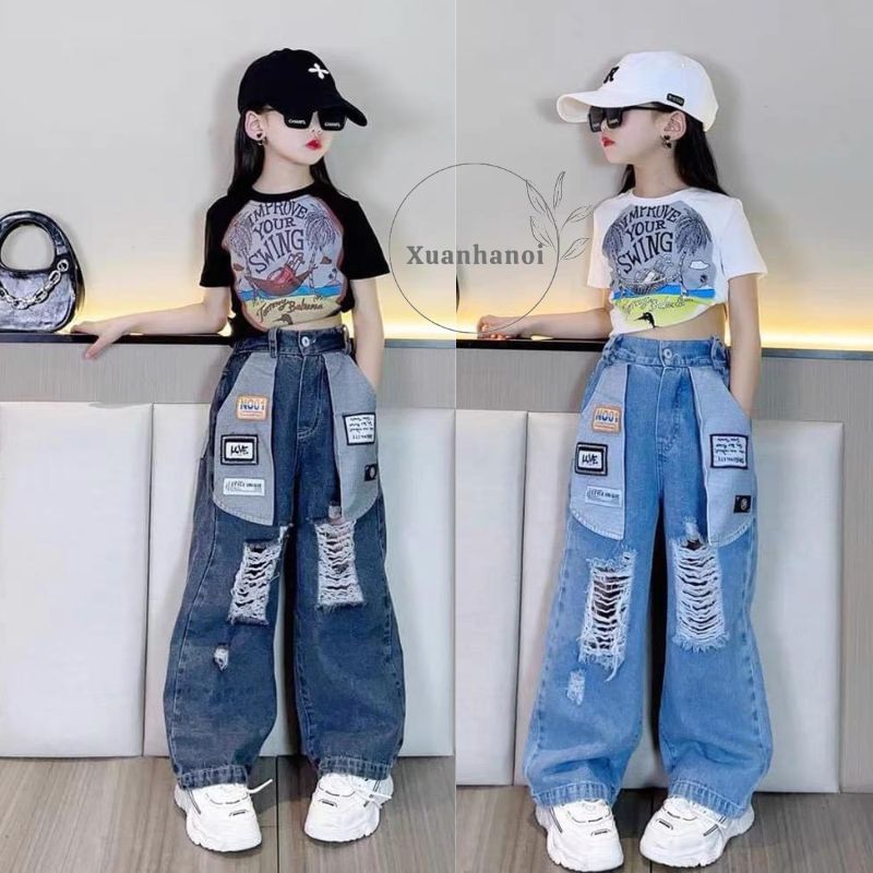 Girls' Plaid Wide-leg Pants and Cartoon T-shirt Two Pieces Set