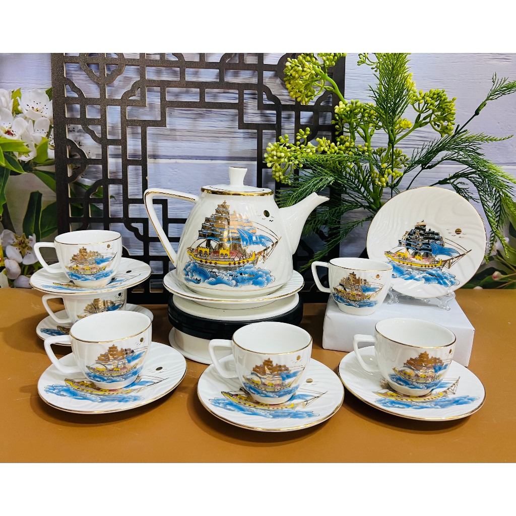 Bat Trang teapot, large bowl tea set, CNY gift, 800ml capacity bowl tea ...