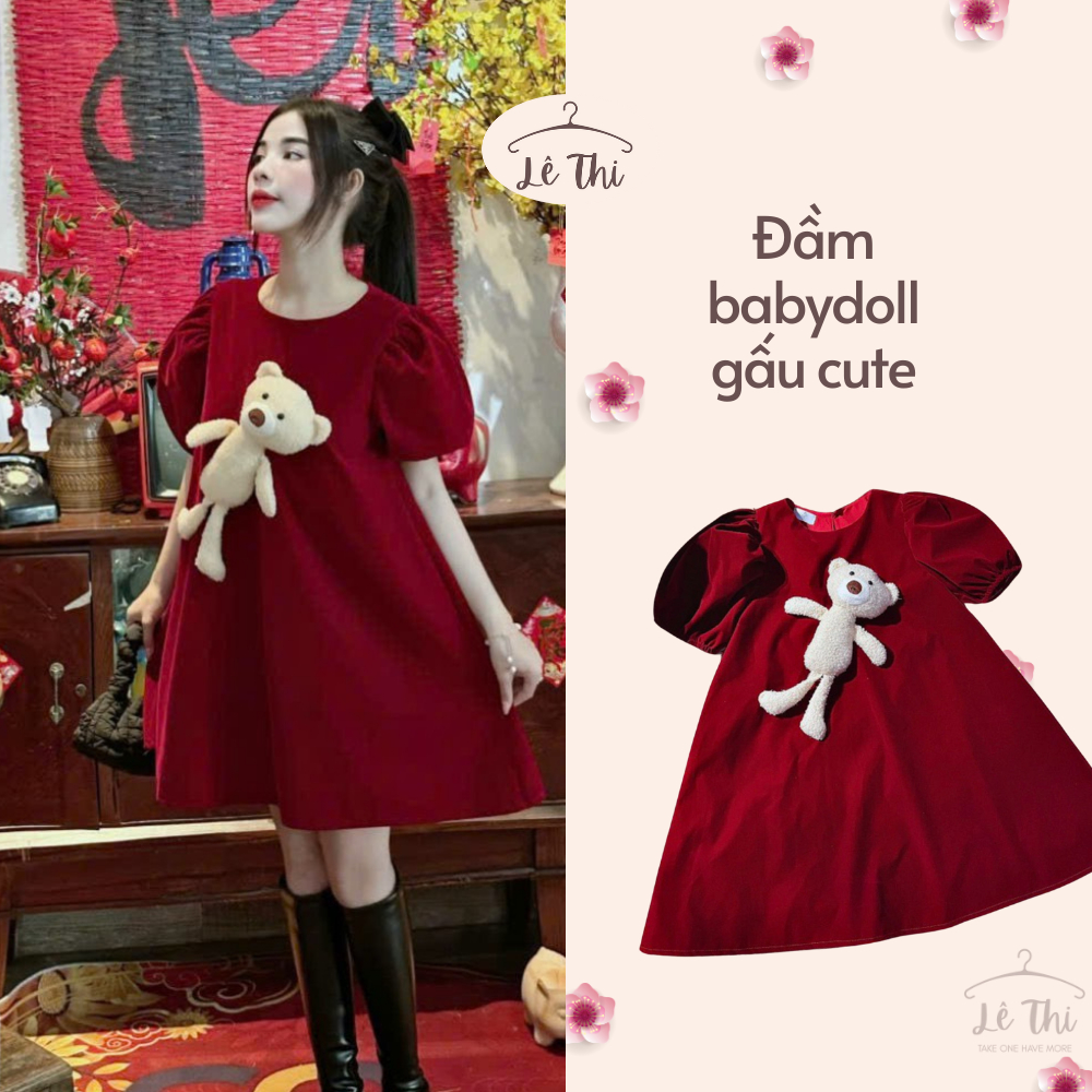 Red Velvet babydoll Dress For Tet Wearing A Super cute Bear, Wide form babydoll Dress With Puffy