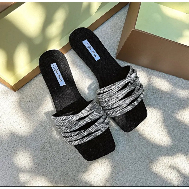 Assymetric strap embellished flat slippers main image 1