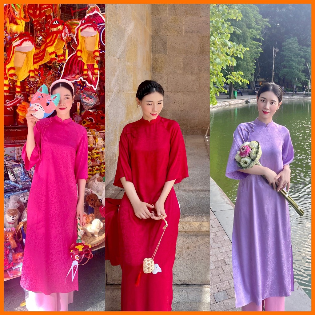 Brocade Tet Ao Dai Full Color, Innovative Ao Dai, Sleeveless With Bow