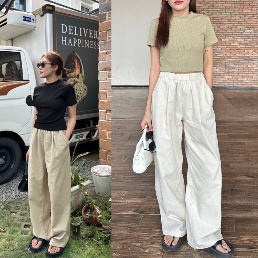 Womens Linen Pants With Wide Legged Elastic Waistband Haacking Shape