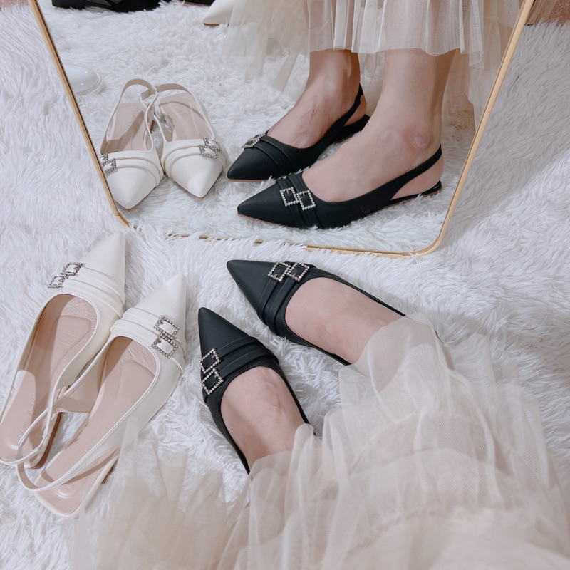 Pointed toe slingback sandals - pointed flat sandals with 2 square ...
