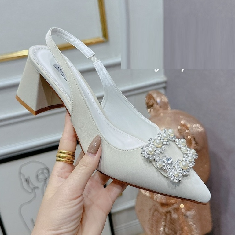 Women's High Heels With Luxurious 5p Square Heels Pearl Buckle | Shopee ...