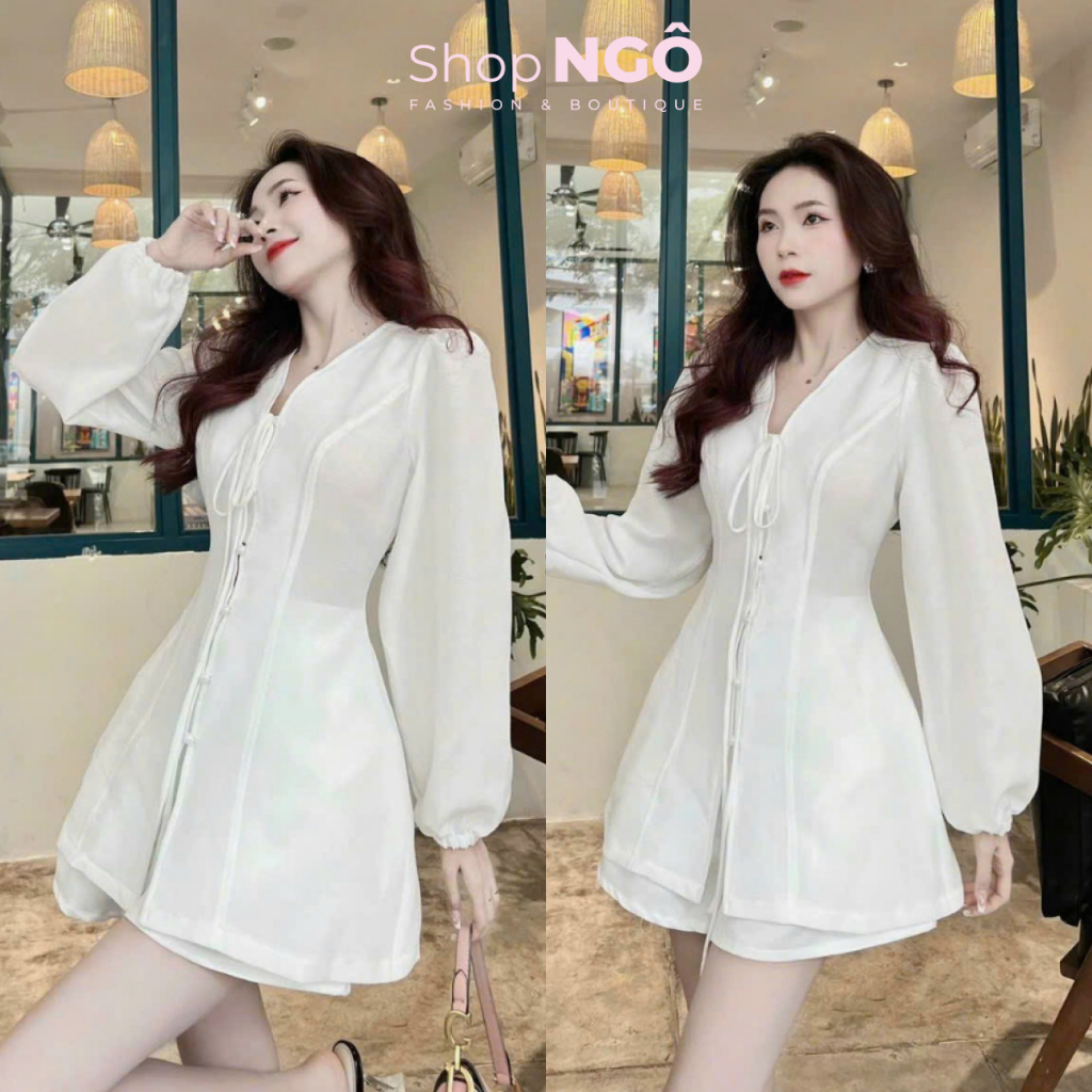 Outing set white V neck shirt with bow tie puffed sleeves elegant Korean style short shorts Shopee Malaysia