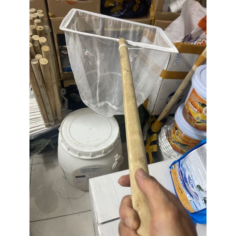 Square fish racket, wooden handle size 45x35 cm, with 35 cm long net ...
