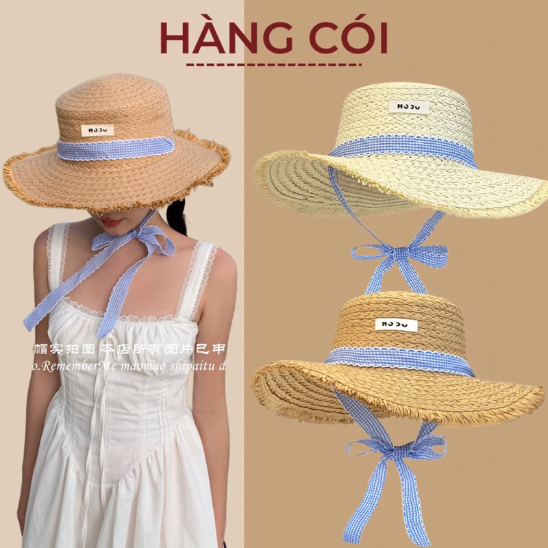 (Ready Stock 4 Models) Straw hat with wide brim beach with checkered ...