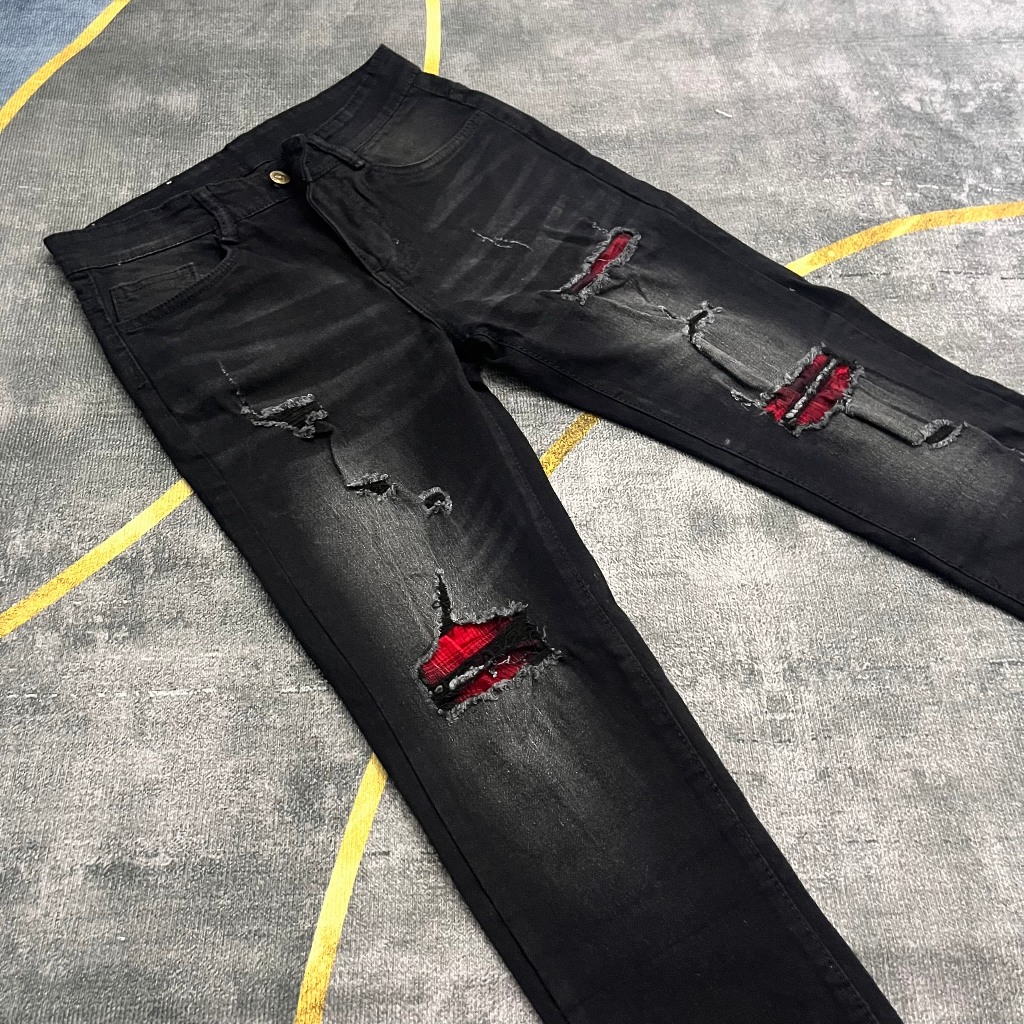 Men's ripped and patched jeans, dark red, plain, high quality 4-way ...