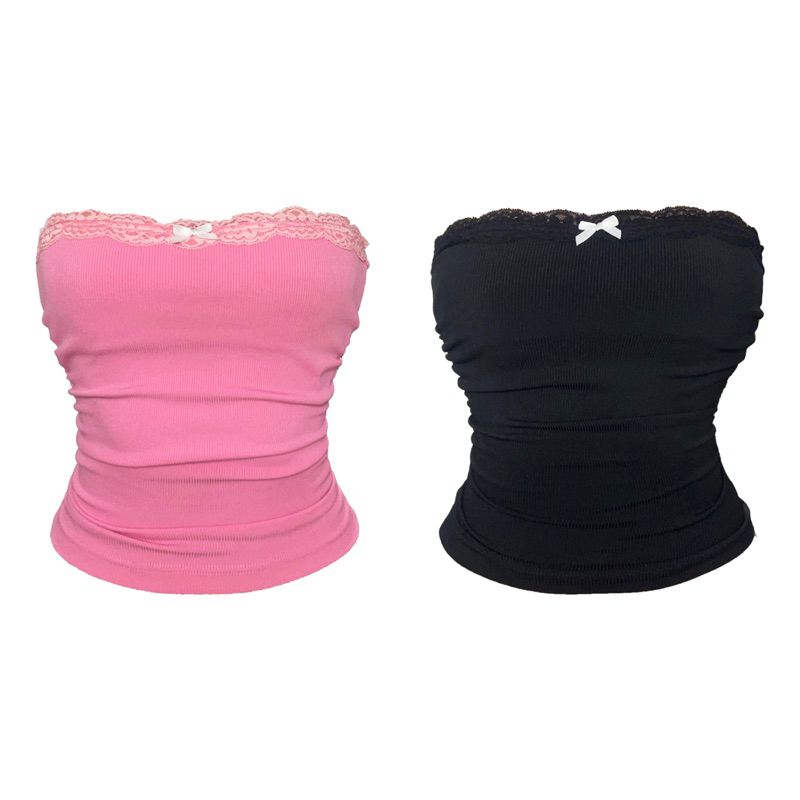 [NEW] Lace tube top with white bow and ruffles on both sides (tube top