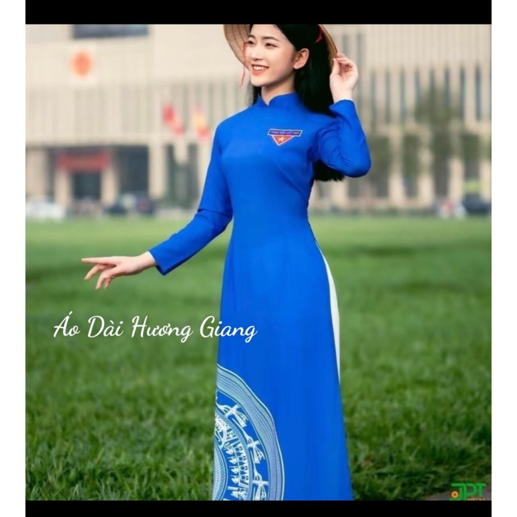 Ao Dai Printed With Clear Bronze Patterns, Youthful Blue, Doan Thanh ...