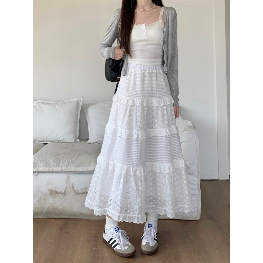 Vintage flared floral long straight skirt 2 layer midi length A line skirt with loose shape and black and white ulzzang elastic waistband Shopee Malaysia