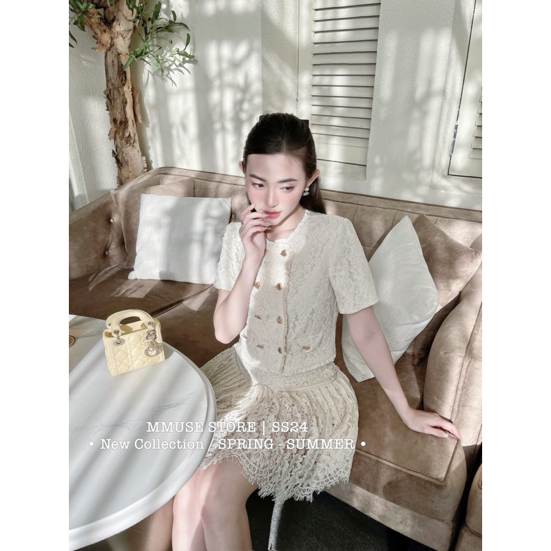 Set Of Super Beautiful Heart Button Pleated Skirt Lace Shirt | Shopee ...