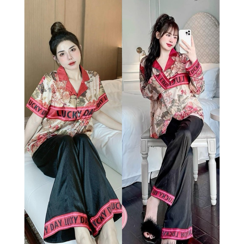 Lukky pajamas set with red flowers, luxurious new model | Shopee Malaysia