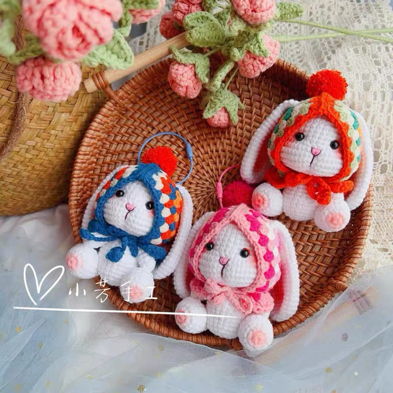 Handmade wool animal keychain with long ears rabbit wearing a cute hat ...