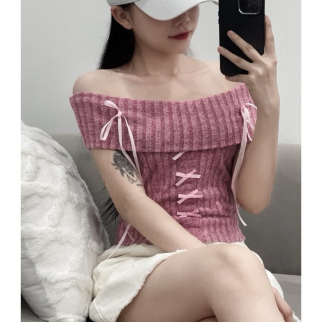 Daala Store Off-Shoulder Style Shirt With Bow Tie Design Coquette Style ...