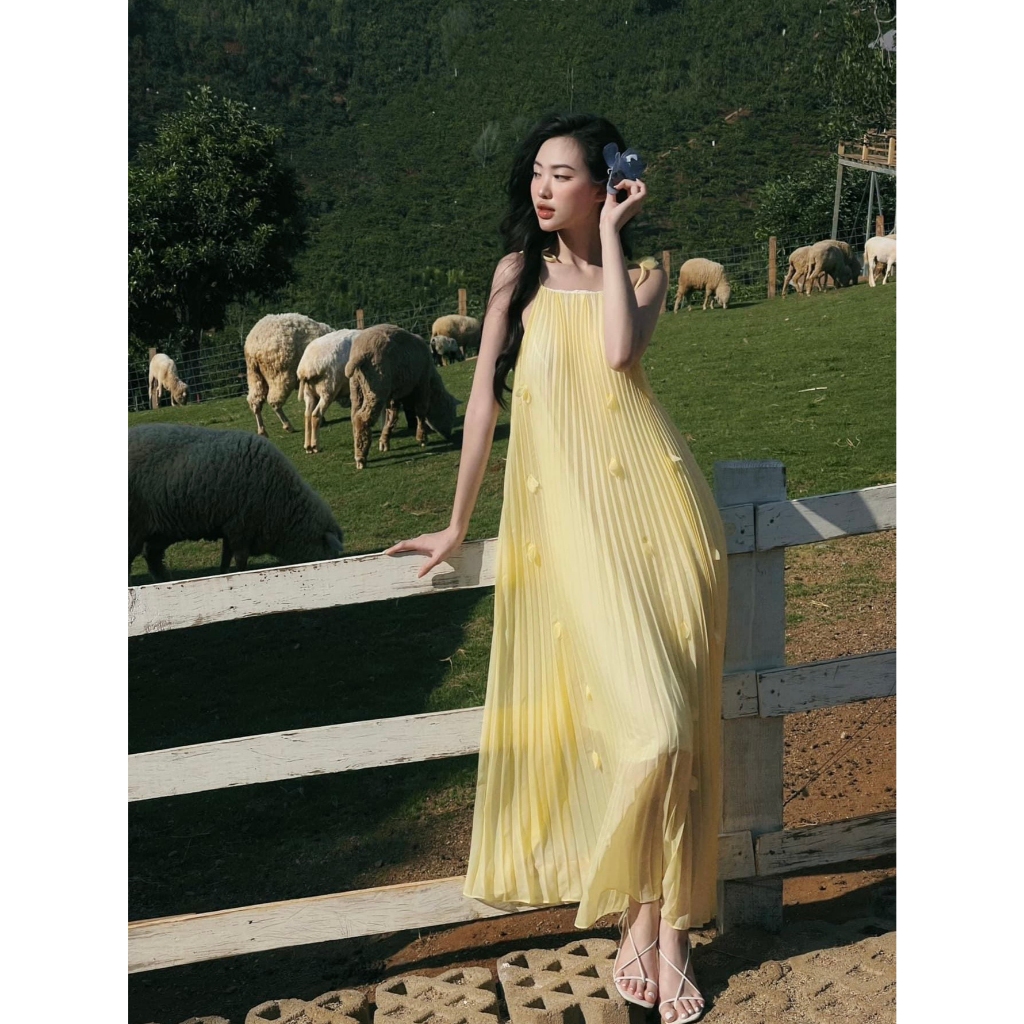 Bright Yellow Pleated Maxi Dress With Full Body Silk Lining | Shopee ...