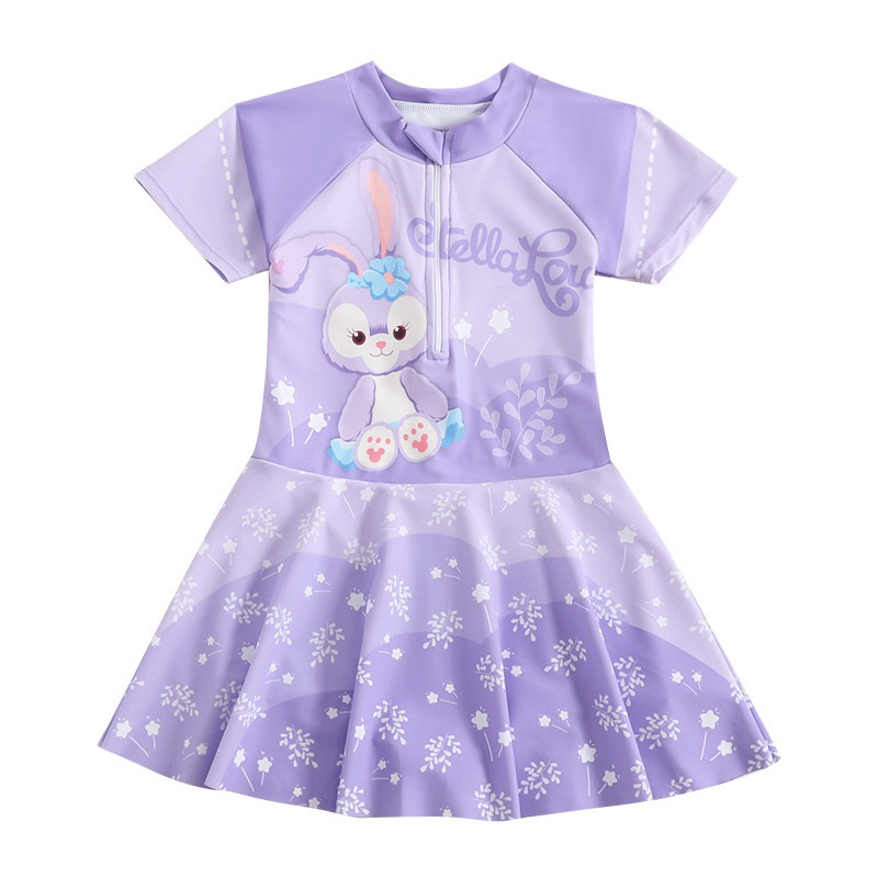 One-piece swimsuit for girls with purple rabbit pattern skirt, one ...