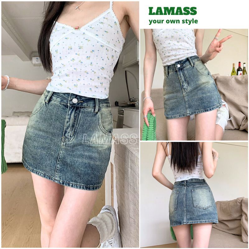 High-waisted plain jeans skirt, short cow skirt letter A beautiful soft ...