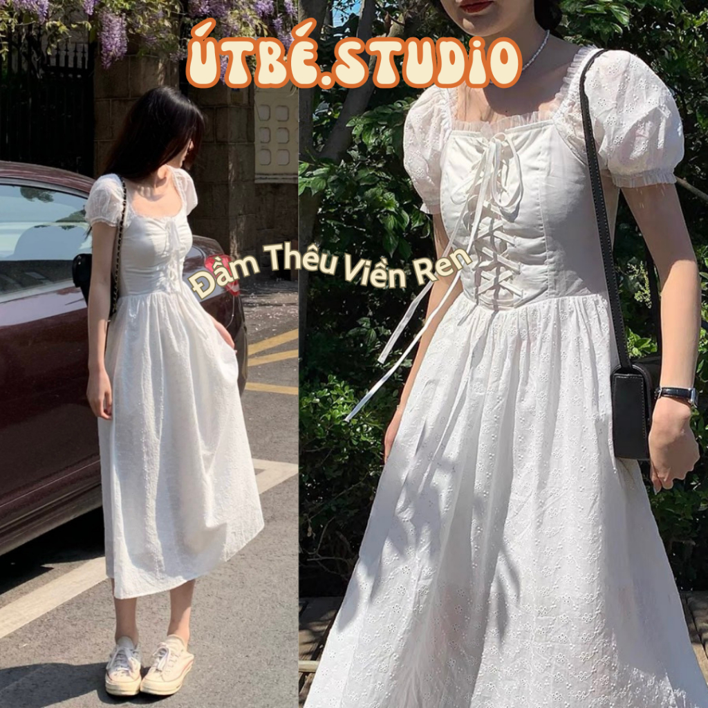 White Floral Embroidered Bucket Dress Short Puff Sleeves Lace Trim ...