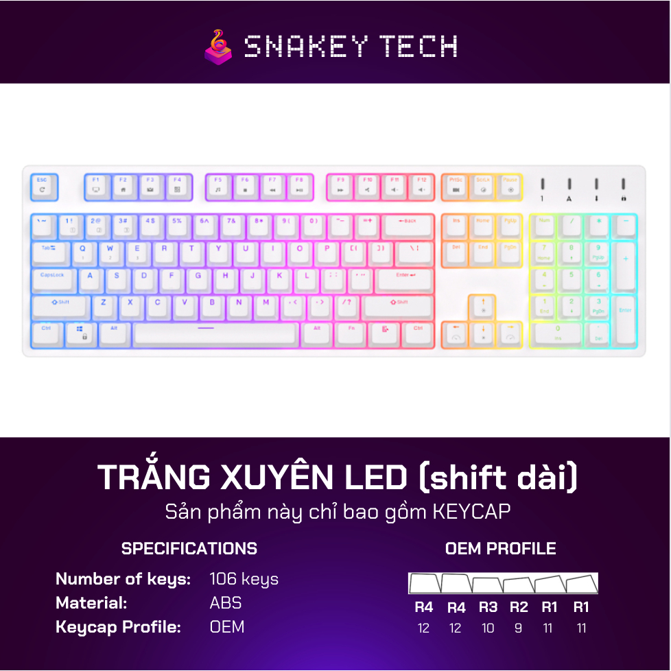 White Keycap through LED profile OEM 106 keys (with enter iso) | Shopee ...