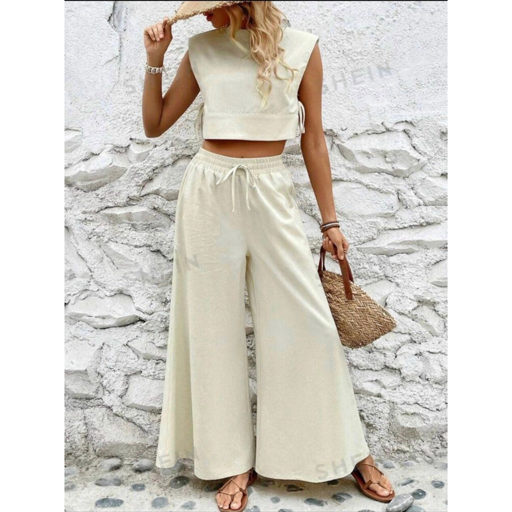 Women's summer fashion Set, crop top shoulder padded shirt with linen ...