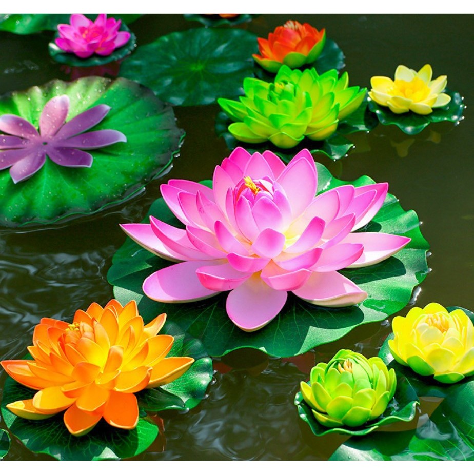 Fake lotus flowers and lotus leaves floating on the water used to ...