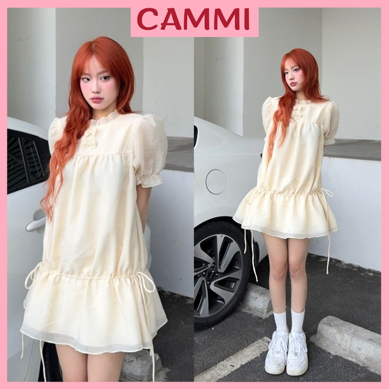 Floating ruffle dress with short puff sleeves and pretty bow collar ...