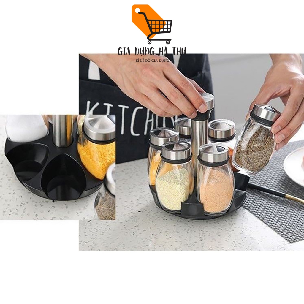 Rotating base spice shelf with 6 spice jars and 6 glass spice jars with ...