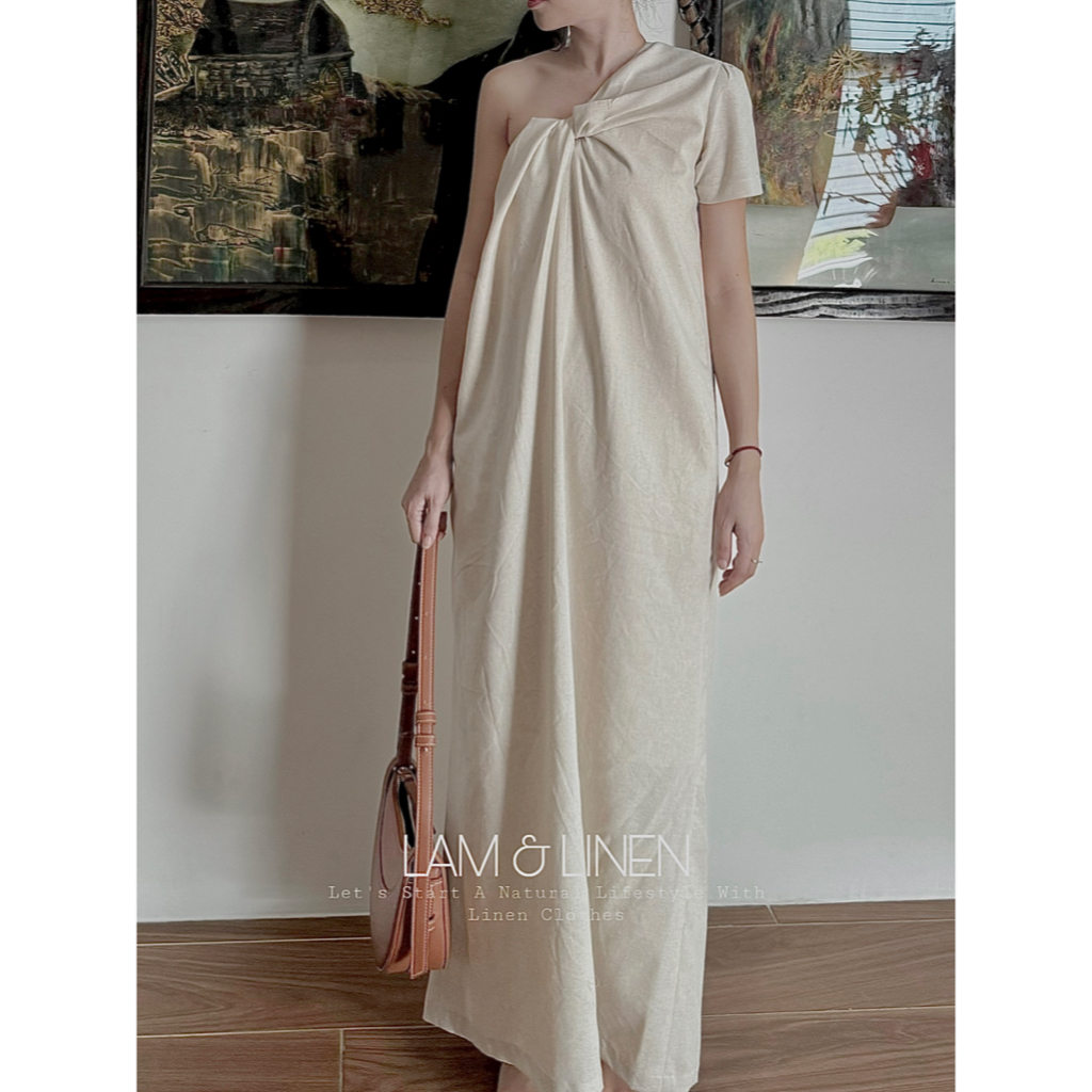 Women's linen dress with off-the-shoulder twist, straight form, Linen  material | Shopee Malaysia