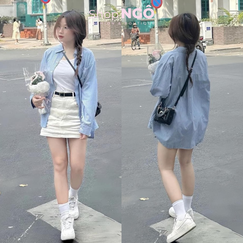 Women s dress Set 3 Piece white t shirt with loose blue striped shirt jacket combined with white khaki skirt with belt in youthful style Shopee Malaysia