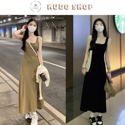 Korean style spaghetti straps dress with long shape / hugging three ...