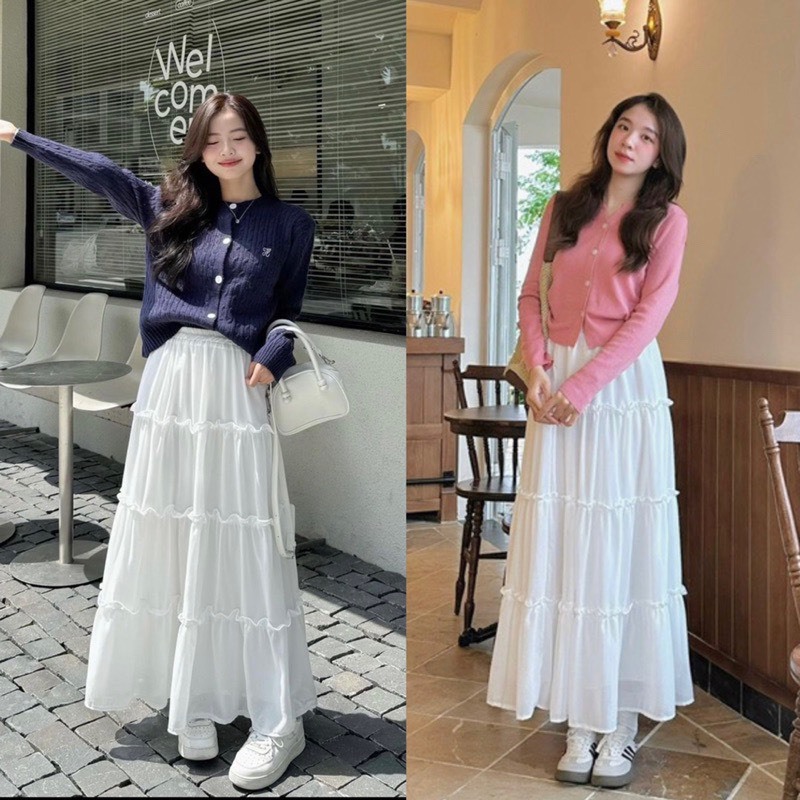 4-layer flared midi skirt made of long silk chiffon Long skirt