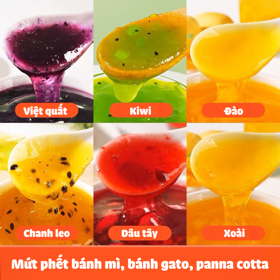 Fruit jam spread on bread, cake with flavors of mango, peach, kiwi