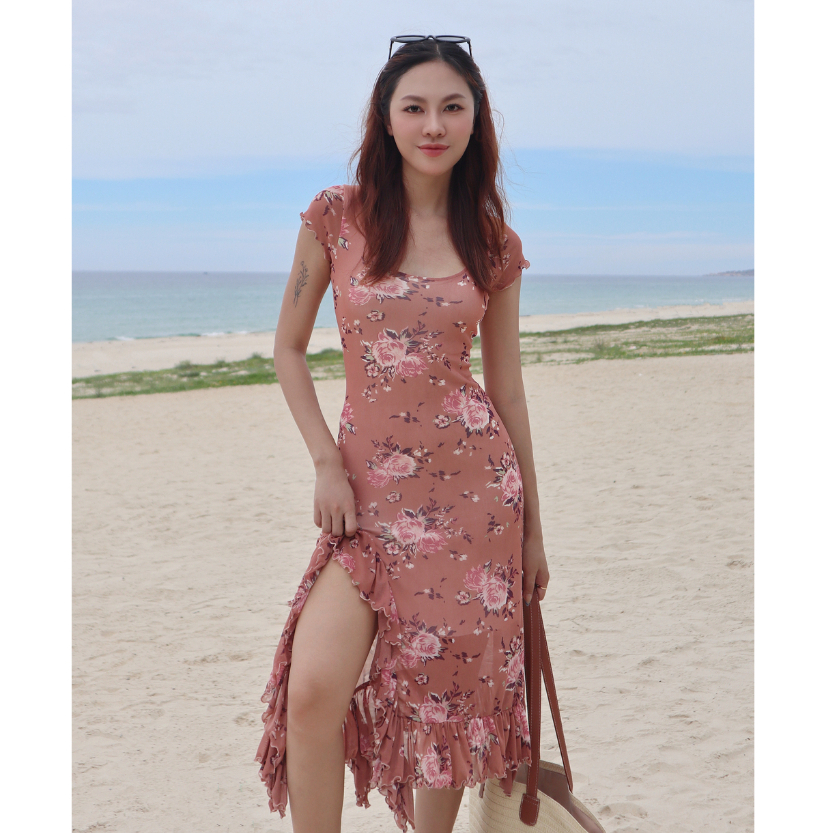 Square neck dress split flaps with floral mesh elastic material with ...