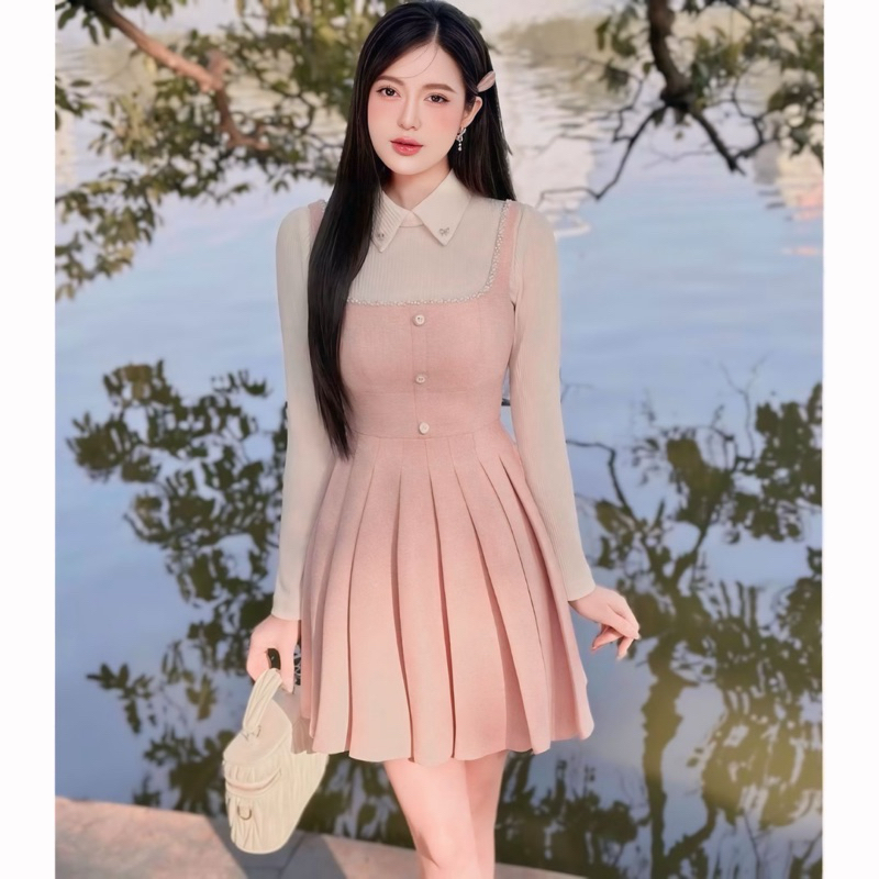 Set Pink spaghetti straps spaghetti straps dress with stone ribbed T shirt with long sleeves inside Shopee Malaysia