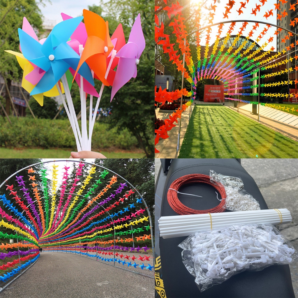Set of 100 plastic pinwheels with 4 wings and 1 color hanging on string ...