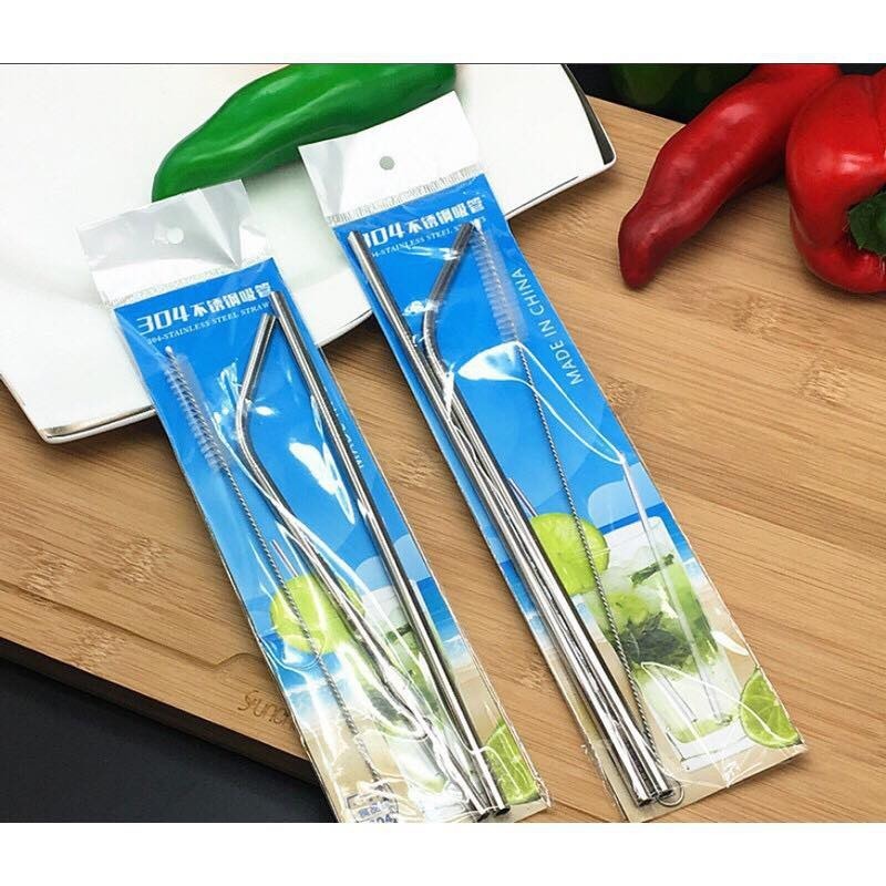 Set of 2 stainless steel straws with cleaning tools (1 curved straw, 1 ...